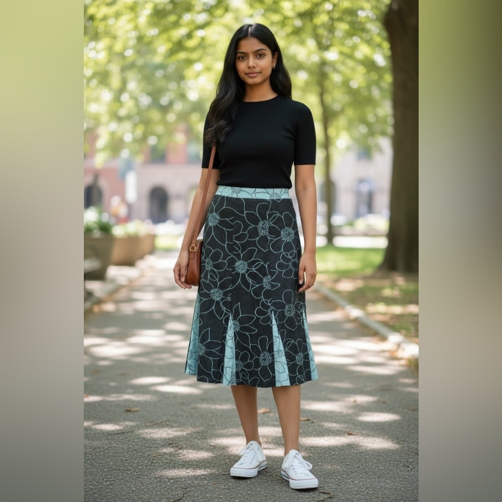 Canvasbacks floral pleated midi skirt size 6 blue